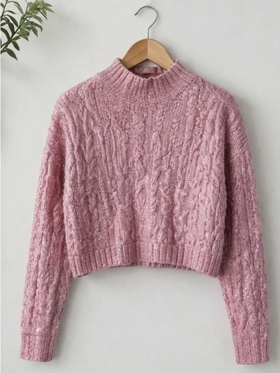 ZARA Girls Metallic Pink Cable Knit Cropped Sweater Shimmer Knit Mock Neck XS - Picture 5 of 9